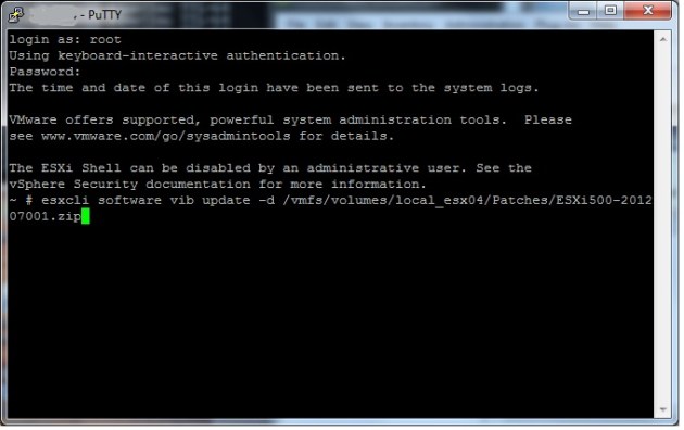 Running the esxcli software vib update command
